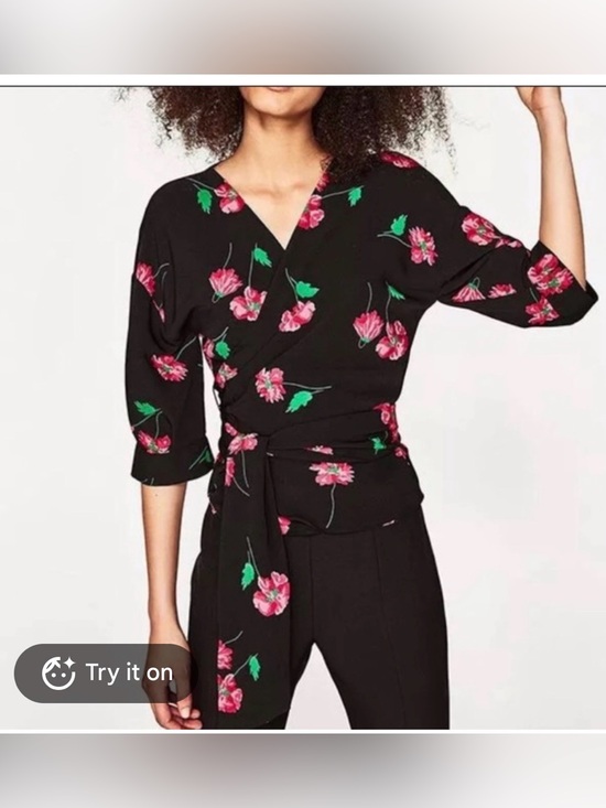 Zara Tops - Zara Black Floral Wrap Blouse with Pink Flowers
